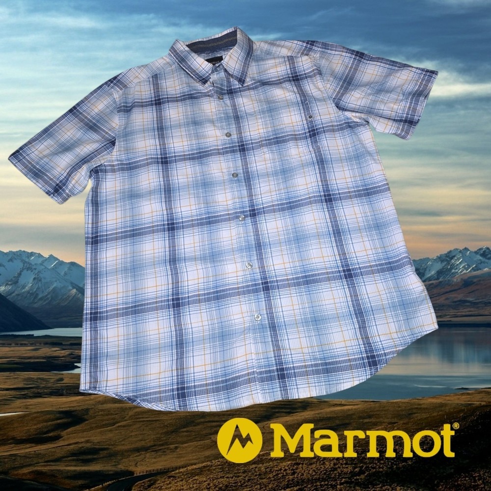 Marmot Men's Lykken UPF 50 Short Sleeve Button Up Shirt Slate Blue Plaid L
